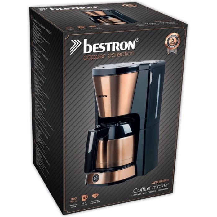 Bestron Koffiezetapparaat voor filterkoffie, Filterkoffiemachine met thermoskan voor 8 kopjes, 900W, kleur: koper - Afbeelding 4
